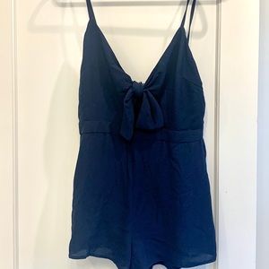 Navy Chiffon keyhole Tie Front Romper